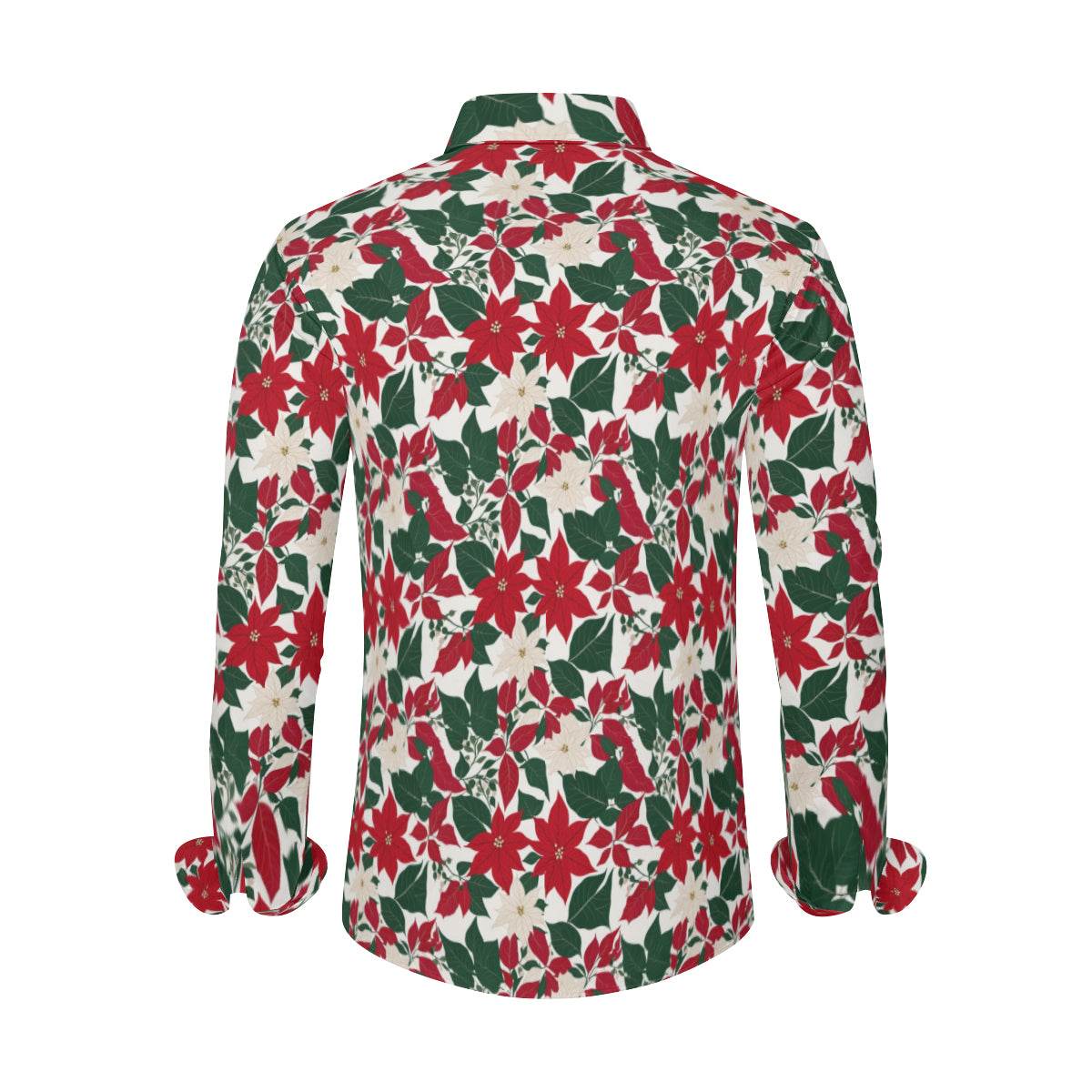 Red and White Poinsettia Flower Men's Classic Long-Sleeved Button up Polyester Dress Shirt - DeRose Seasonal