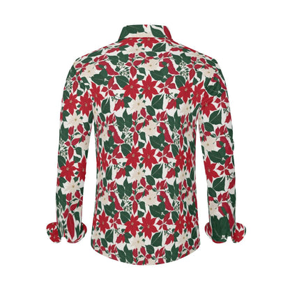 Red and White Poinsettia Flower Men's Classic Long-Sleeved Button up Polyester Dress Shirt - DeRose Seasonal