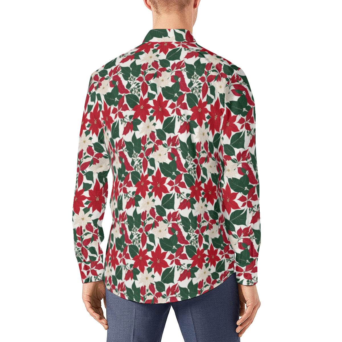 Red and White Poinsettia Flower Men's Classic Long-Sleeved Button up Polyester Dress Shirt - DeRose Seasonal