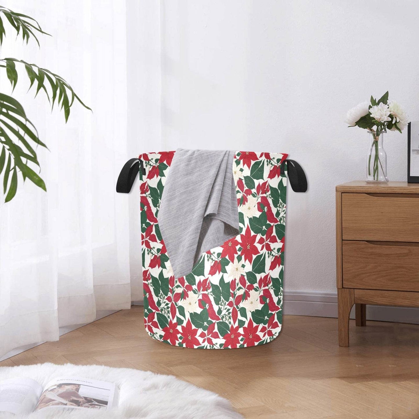 Red and White Poinsettia Flower Polyester Laundry and Blanket Basket - DeRose Seasonal