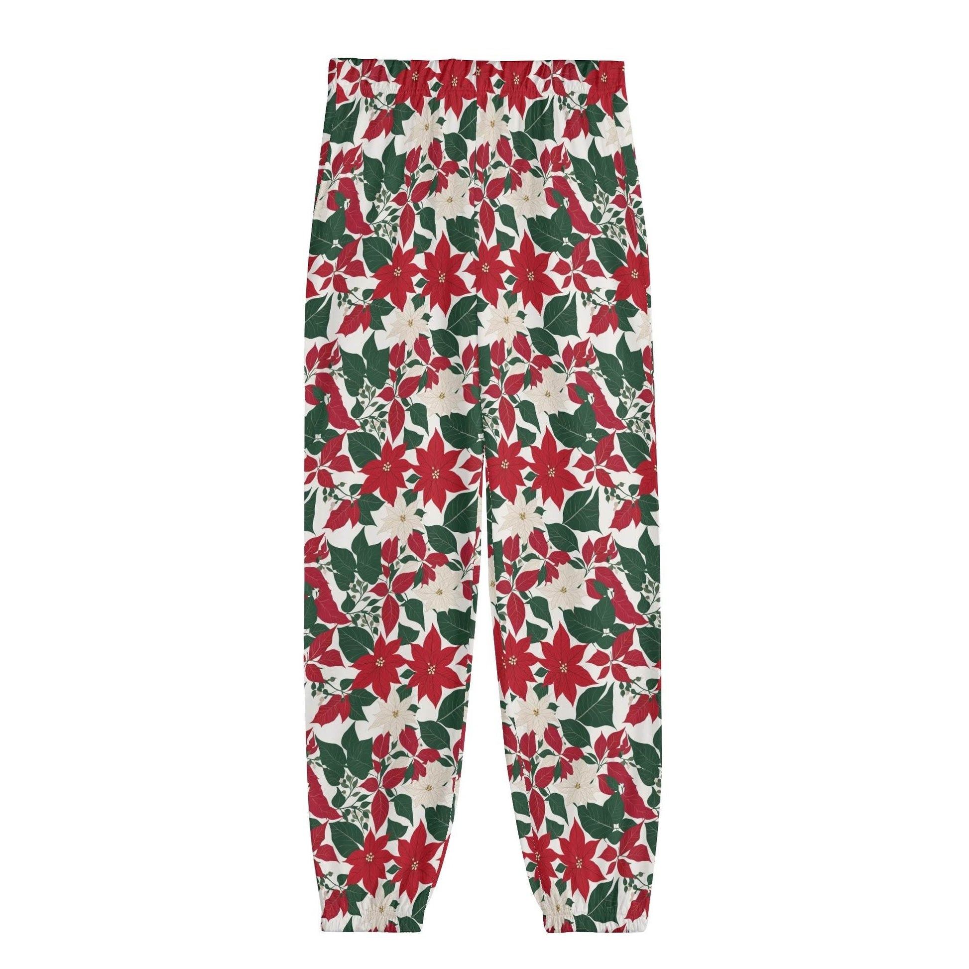 Red and White Poinsettia Flower Unisex Adult Long Pants - DeRose Seasonal