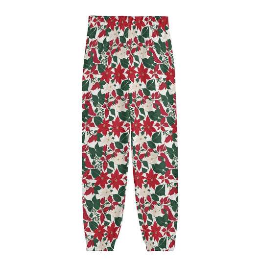 Red and White Poinsettia Flower Unisex Adult Long Pants - DeRose Seasonal