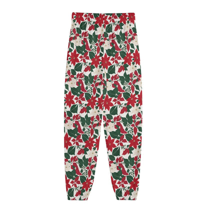 Red and White Poinsettia Flower Unisex Adult Long Pants - DeRose Seasonal