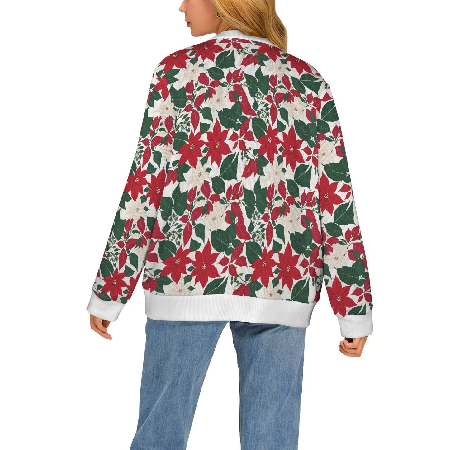 Red and White Poinsettia Flower Women's Cardigan Button Sweater Custom Women's Cardigan (Model H73) - DeRose Seasonal