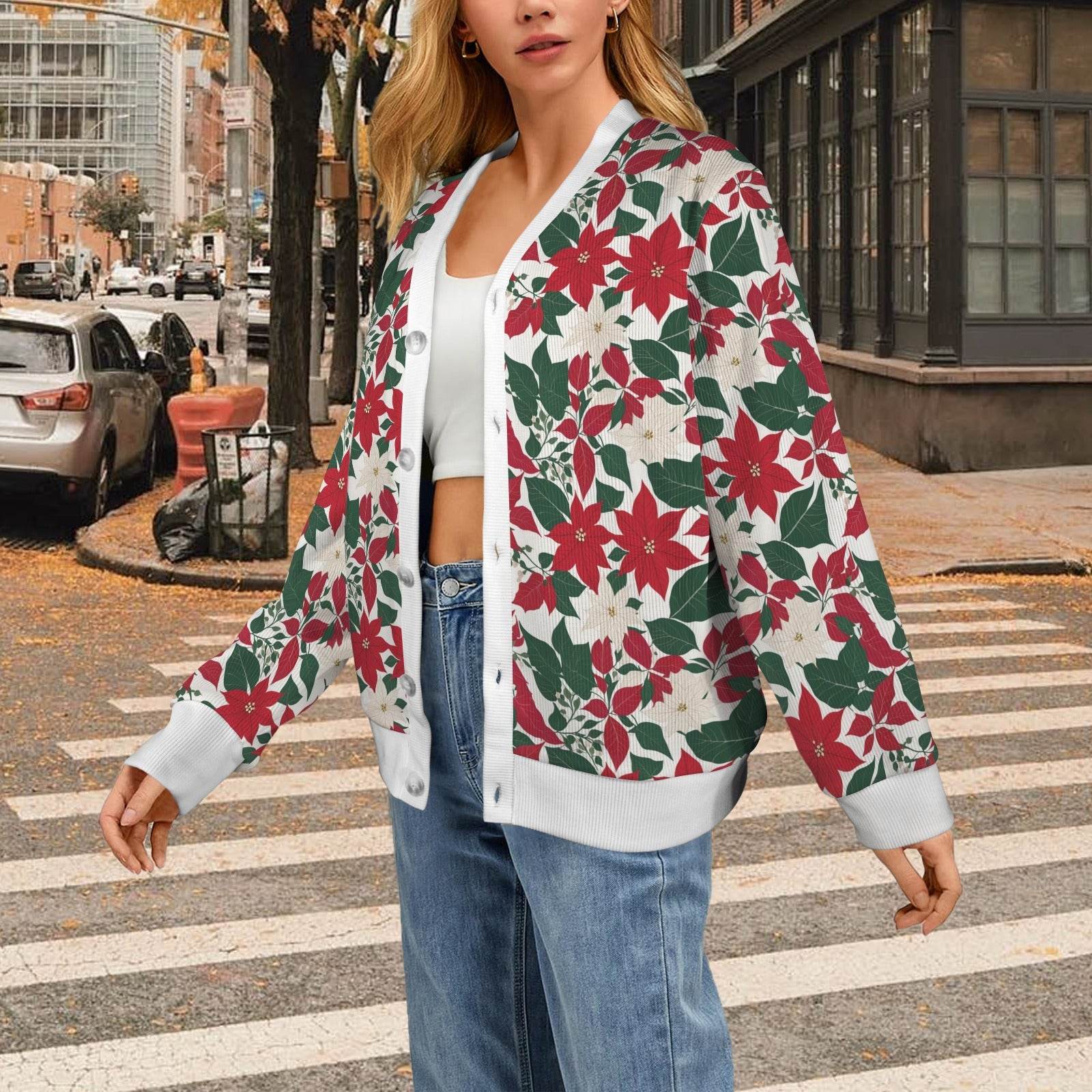Red and White Poinsettia Flower Women's Cardigan Button Sweater Custom Women's Cardigan (Model H73) - DeRose Seasonal