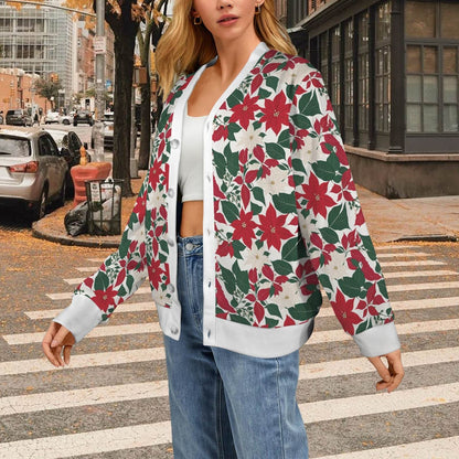 Red and White Poinsettia Flower Women's Cardigan Button Sweater Custom Women's Cardigan (Model H73) - DeRose Seasonal