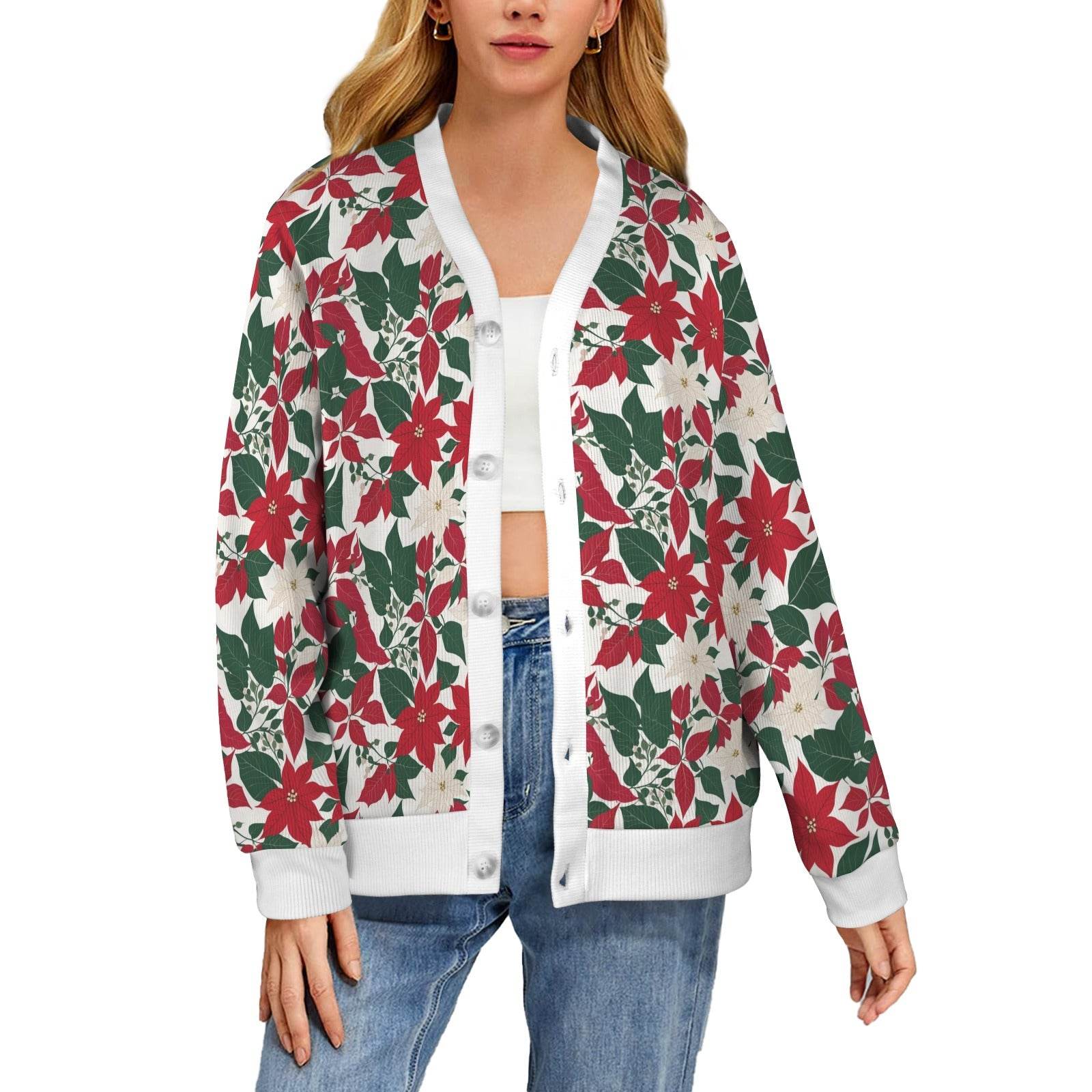 Red and White Poinsettia Flower Women's Cardigan Button Sweater Custom Women's Cardigan (Model H73) - DeRose Seasonal