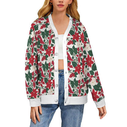 Red and White Poinsettia Flower Women's Cardigan Button Sweater Custom Women's Cardigan (Model H73) - DeRose Seasonal