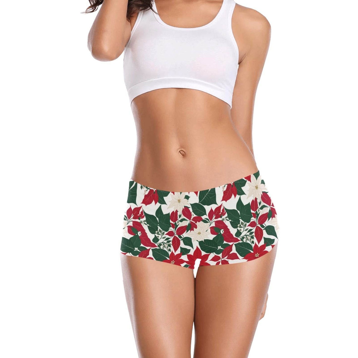 Red and White Poinsettia Flower Women's Underwear Shorts - DeRose Seasonal