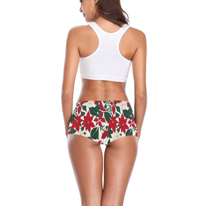 Red and White Poinsettia Flower Women's Underwear Shorts - DeRose Seasonal