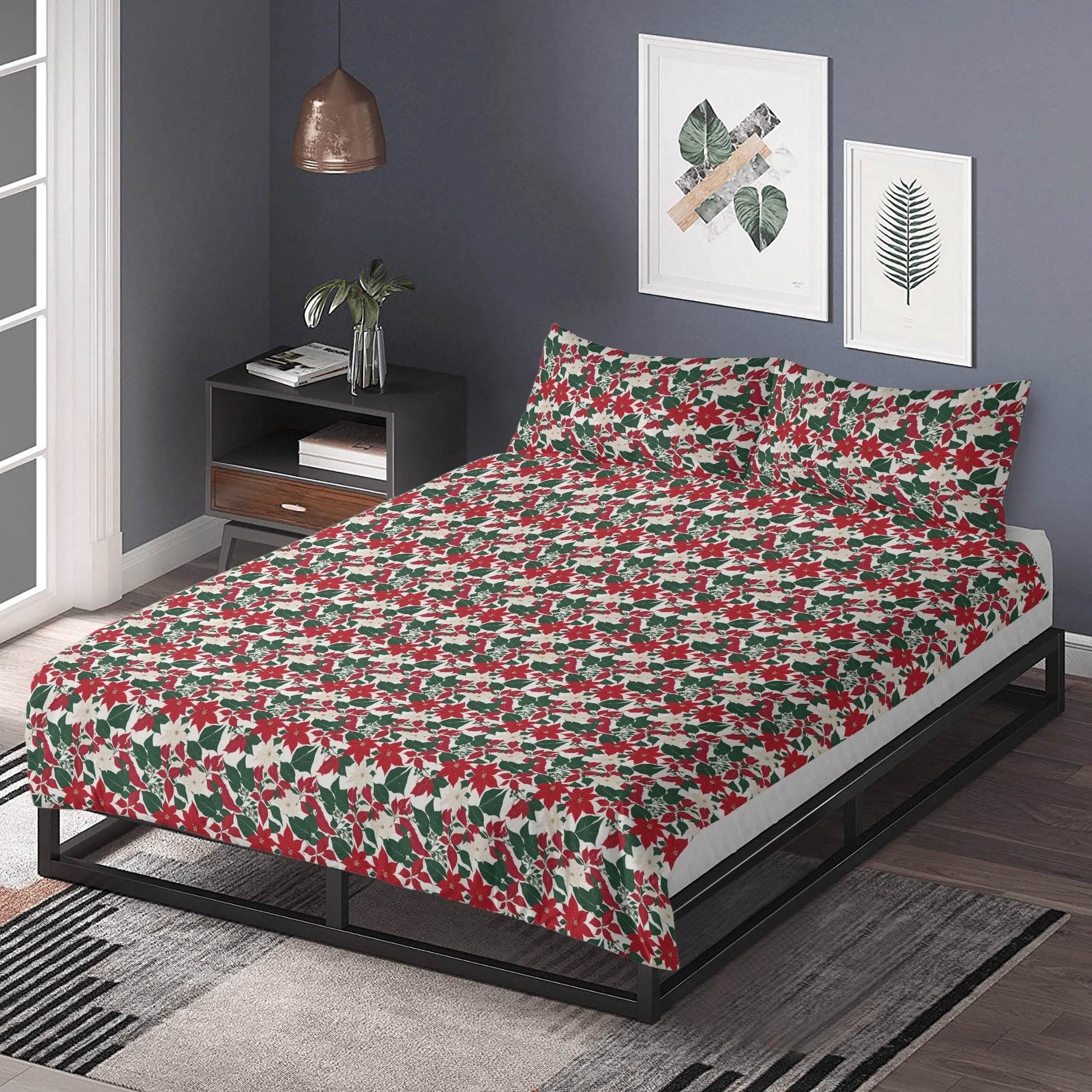 Red and White Poinsettia Flower3 Pcs Beddings - DeRose Seasonal