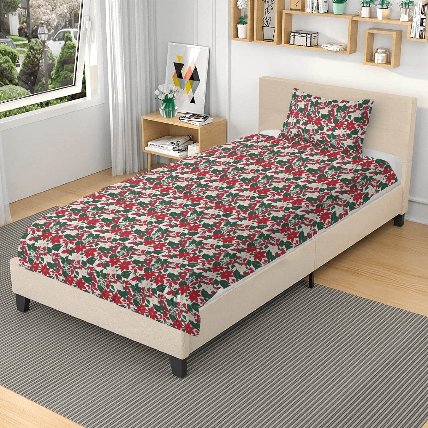 Red and White Poinsettia Flower3 Pcs Beddings - DeRose Seasonal