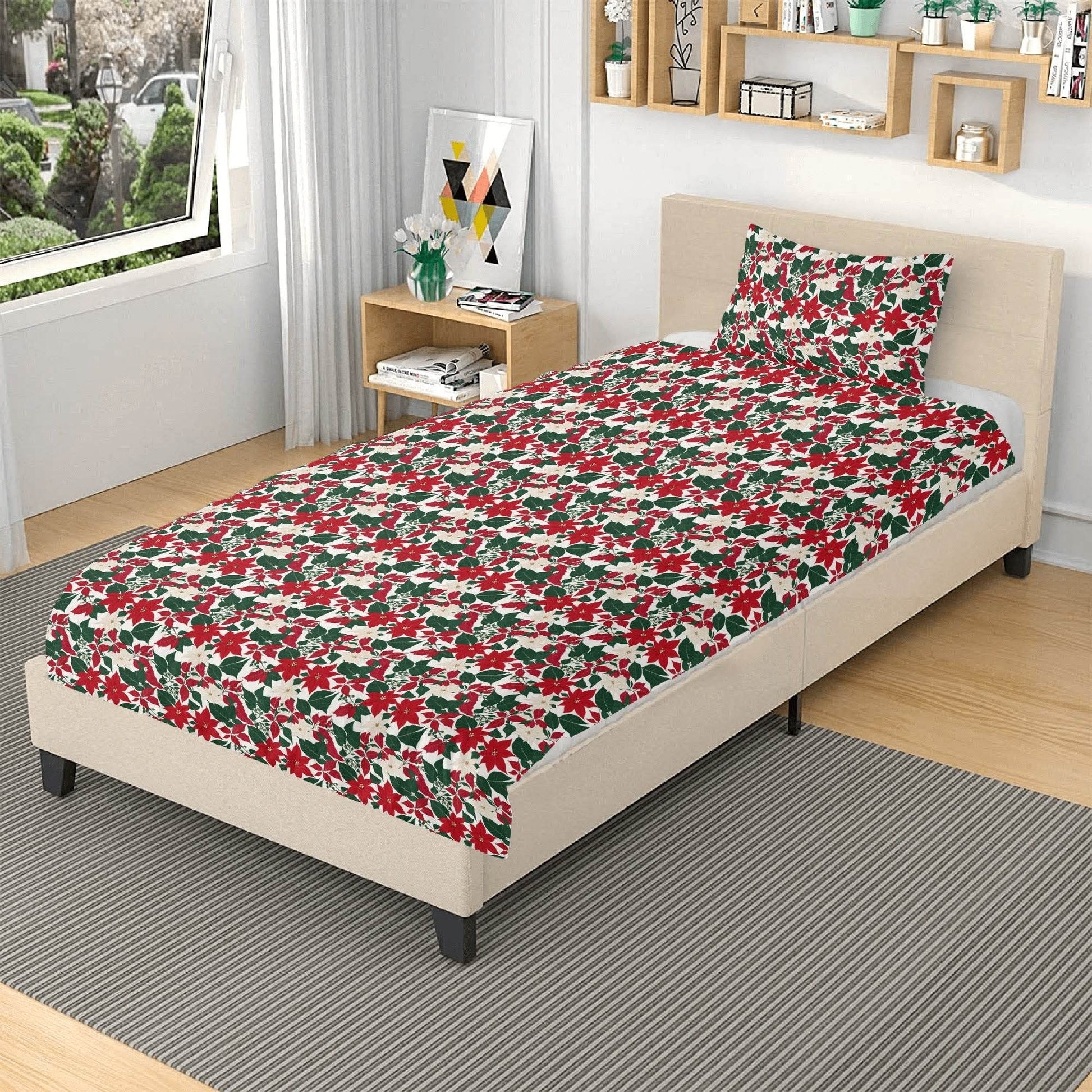 Red and White Poinsettia Flower3 Pcs Beddings - DeRose Seasonal