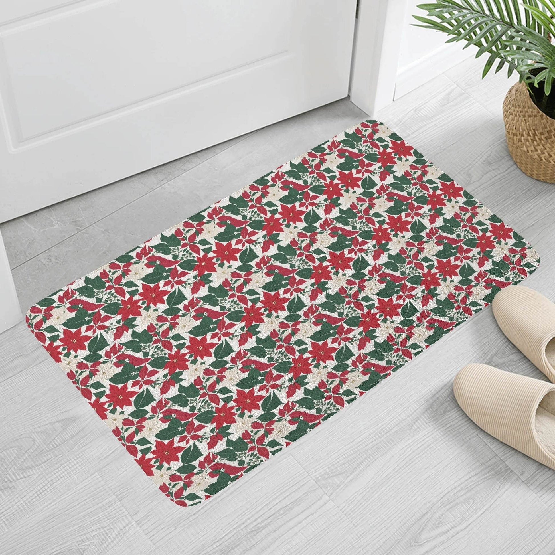 Red and White Poinsettia Flowers Plush Indoor Doormat - DeRose Seasonal