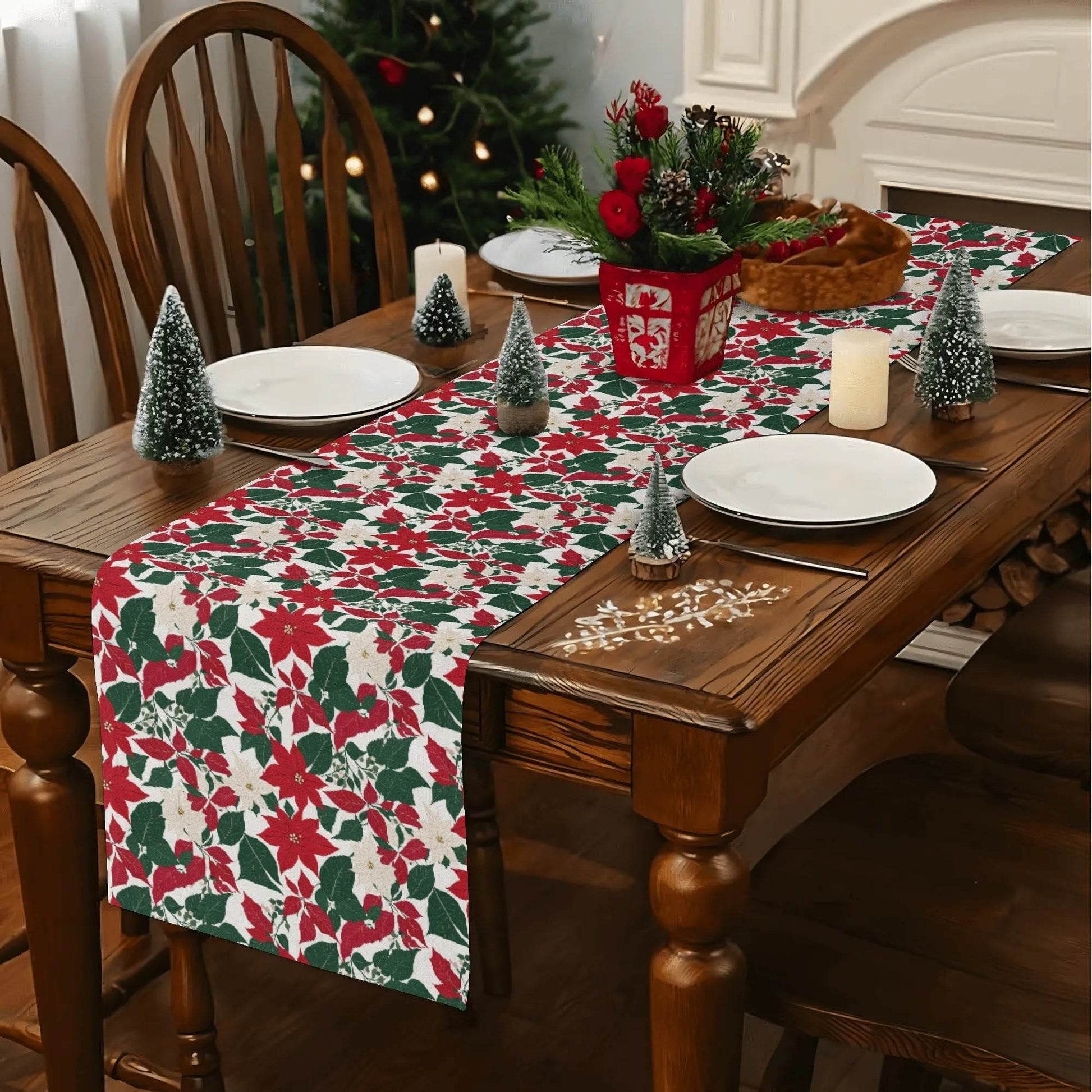 Red and White Poinsettia Flowers Polyester Table Runner - DeRose Seasonal