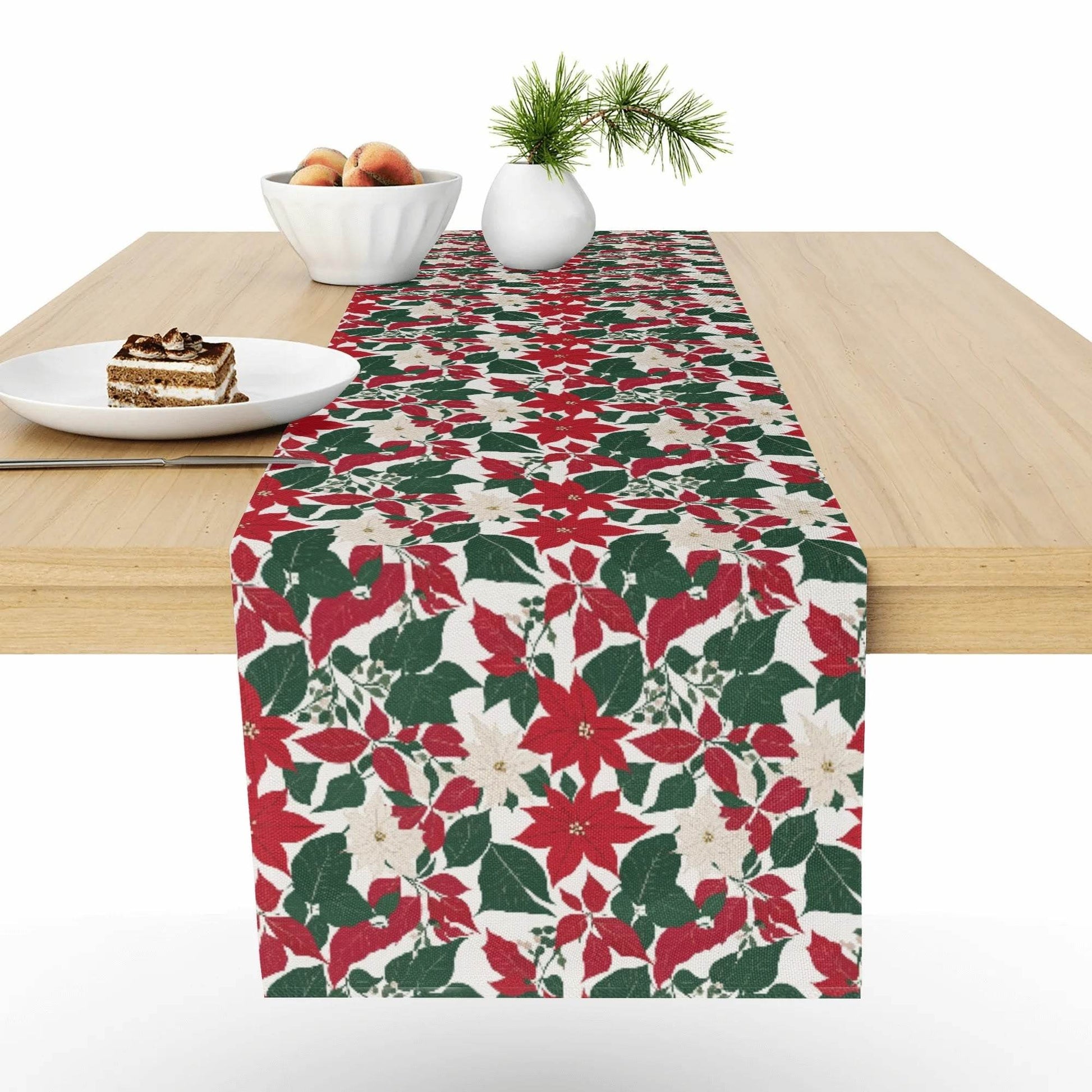 Red and White Poinsettia Flowers Polyester Table Runner - DeRose Seasonal