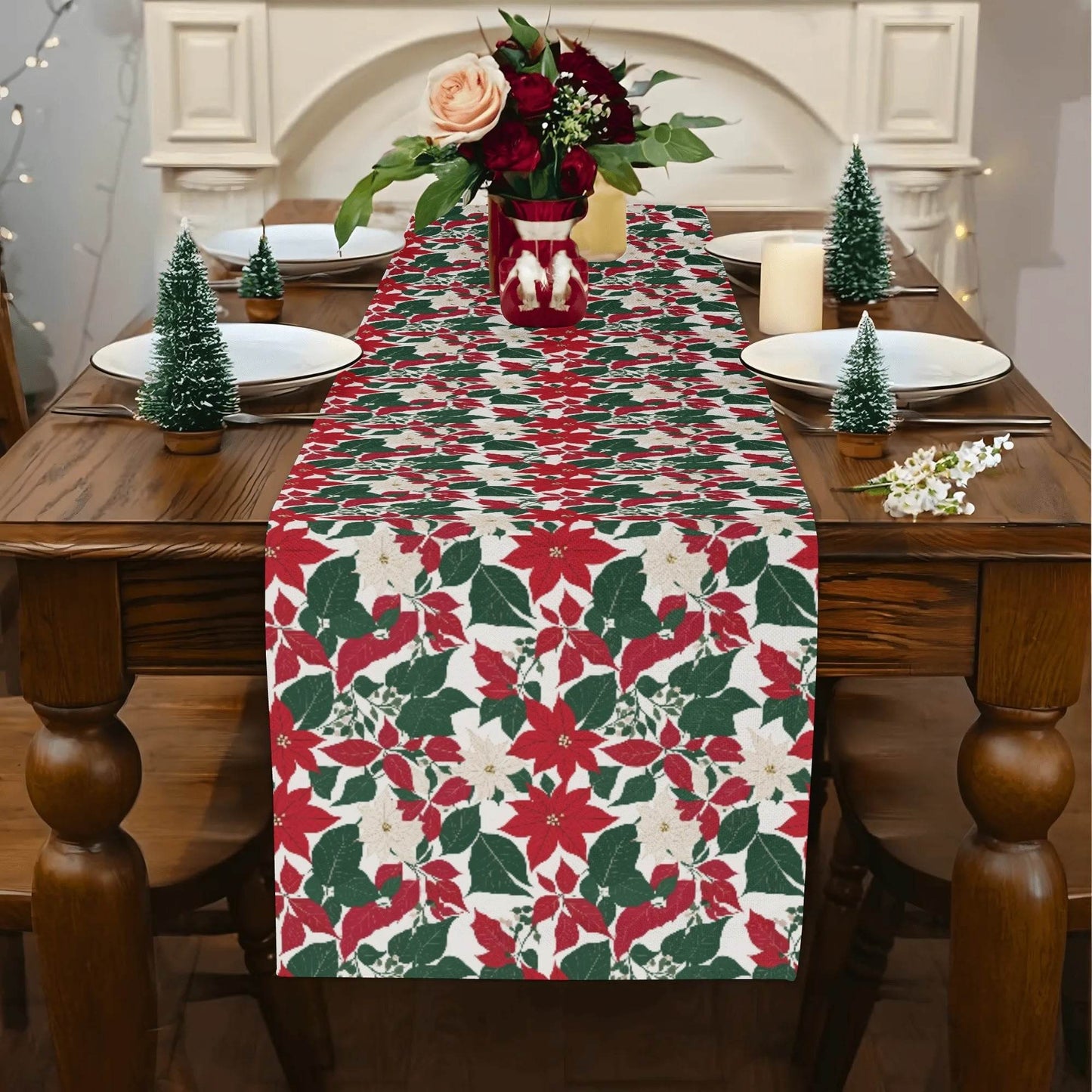 Red and White Poinsettia Flowers Polyester Table Runner - DeRose Seasonal