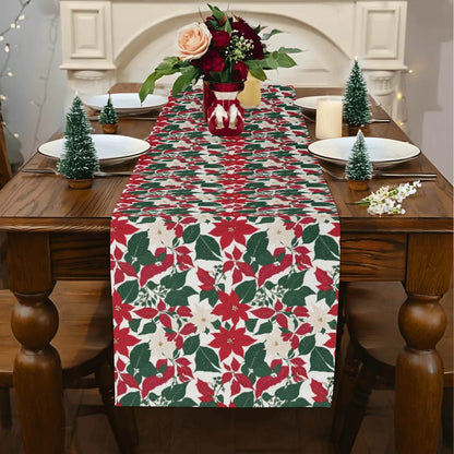 Red and White Poinsettia Flowers Polyester Table Runner - DeRose Seasonal
