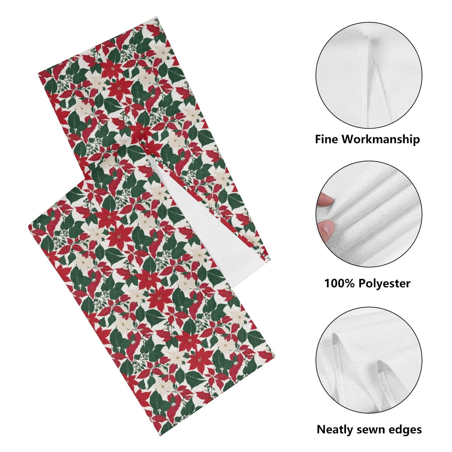 Red and White Poinsettia Flowers Polyester Table Runner - DeRose Seasonal