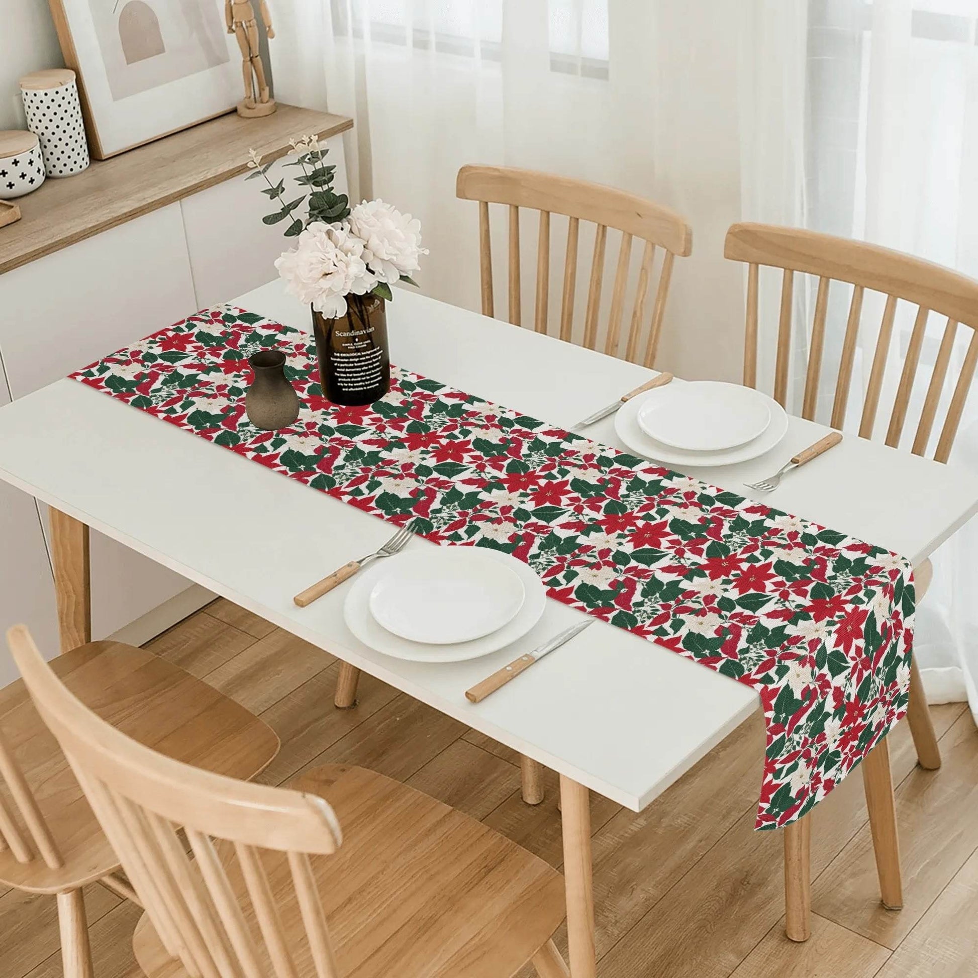 Red and White Poinsettia Flowers Polyester Table Runner - DeRose Seasonal