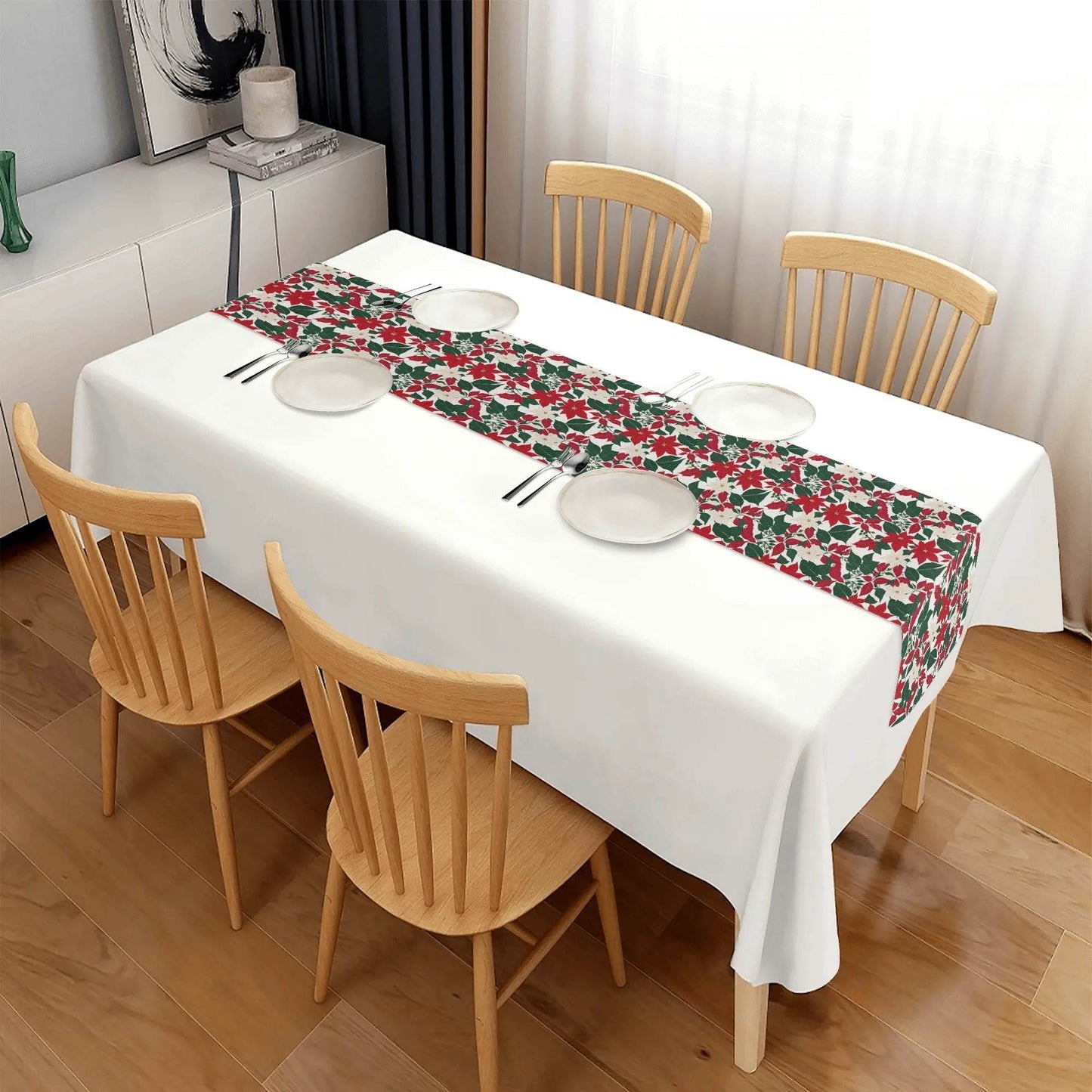 Red and White Poinsettia Flowers Polyester Table Runner - DeRose Seasonal