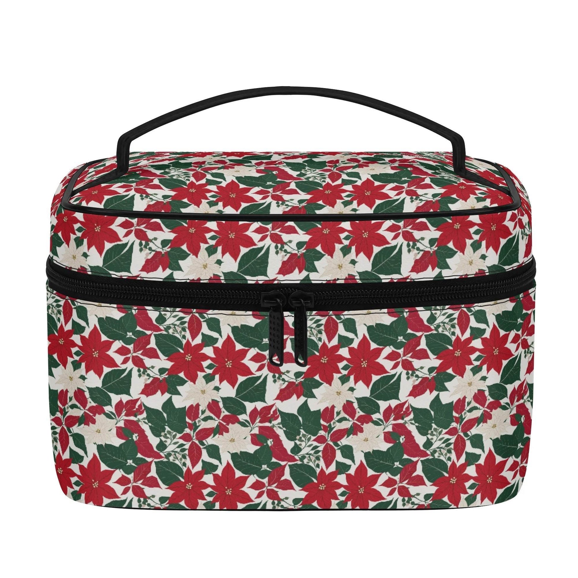 Red and White Poinsettia Leather Cosmetic Bag - DeRose Seasonal