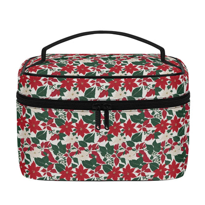 Red and White Poinsettia Leather Cosmetic Bag - DeRose Seasonal