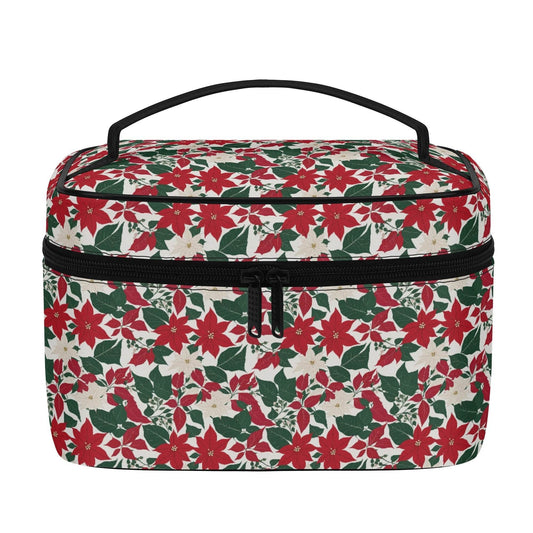 Red and White Poinsettia Leather Cosmetic Bag - DeRose Seasonal