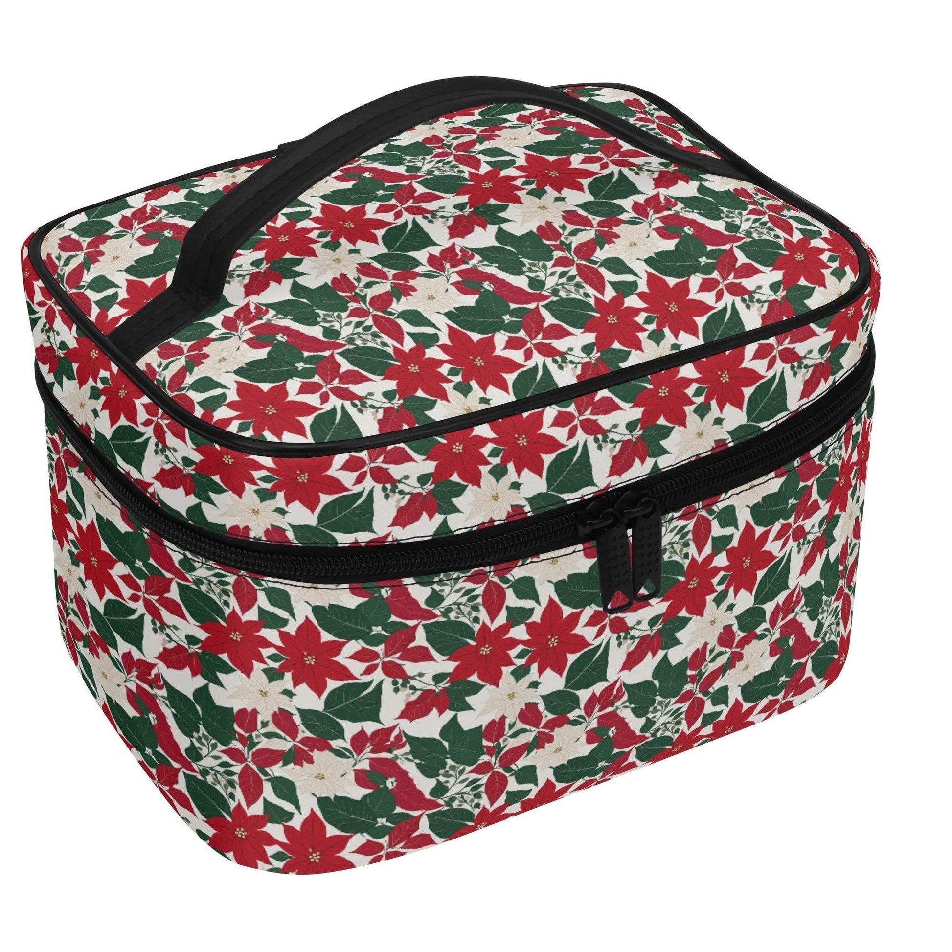 Red and White Poinsettia Leather Cosmetic Bag - DeRose Seasonal