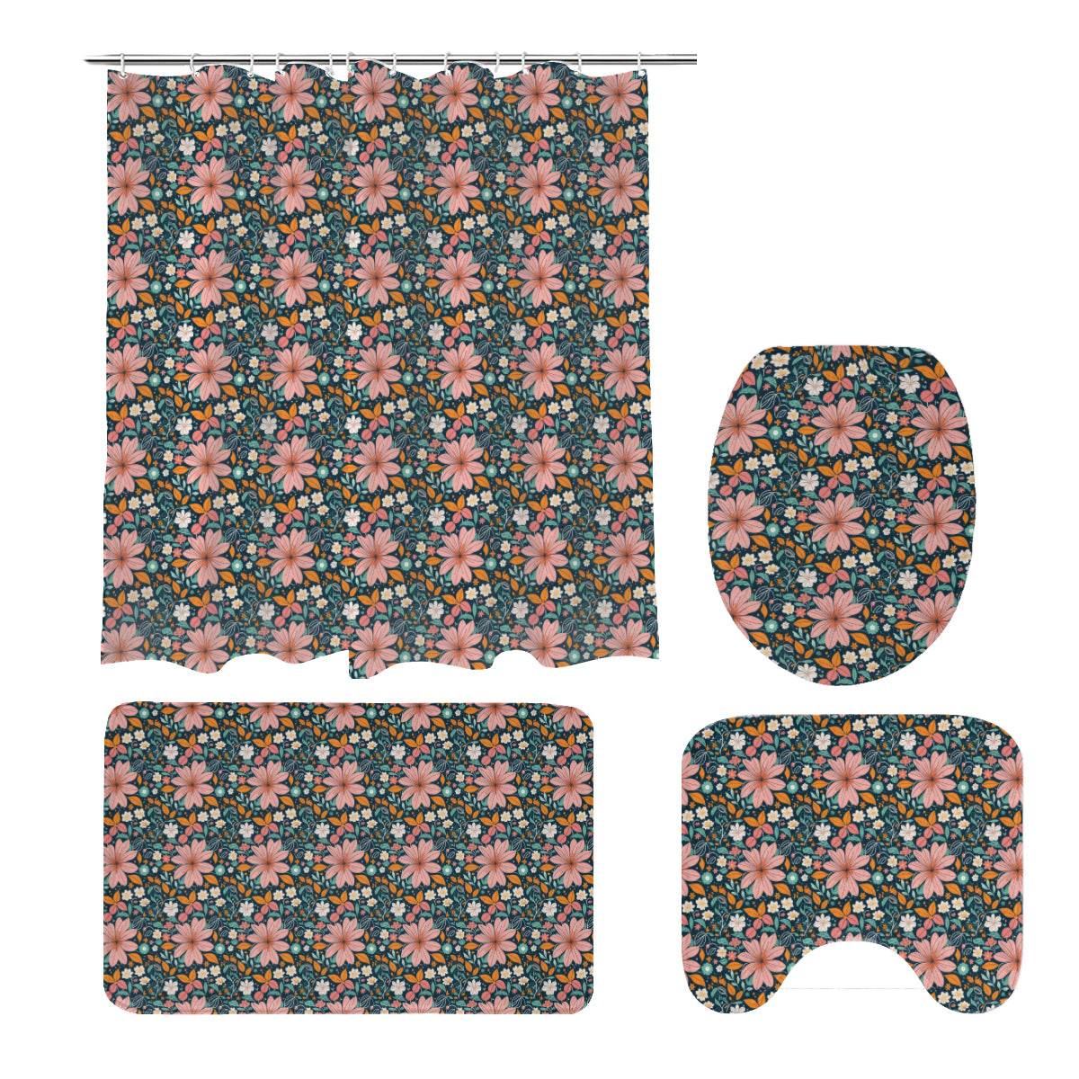 Wild Flowers Bathroom Four-Piece Set(Shower Curtain + Toilet Cover Mat + Toilet Foot Mat + Floor Mat)| Polyester - DeRose Seasonal