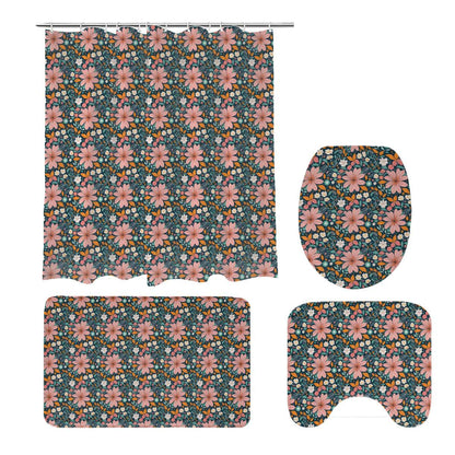 Wild Flowers Bathroom Four-Piece Set(Shower Curtain + Toilet Cover Mat + Toilet Foot Mat + Floor Mat)| Polyester - DeRose Seasonal