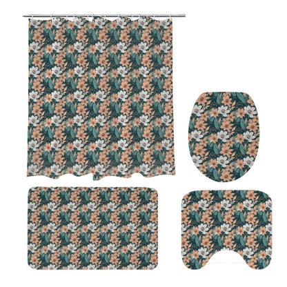 Pastel Floral Bathroom Four-Piece Set(Shower Curtain + Toilet Cover Mat + Toilet Foot Mat + Floor Mat)| Polyester - DeRose Seasonal