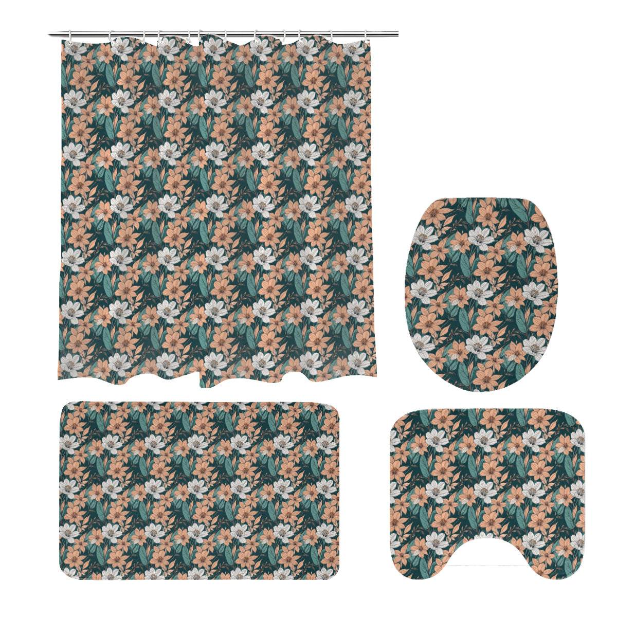 Pastel Floral Bathroom Four-Piece Set(Shower Curtain + Toilet Cover Mat + Toilet Foot Mat + Floor Mat)| Polyester - DeRose Seasonal