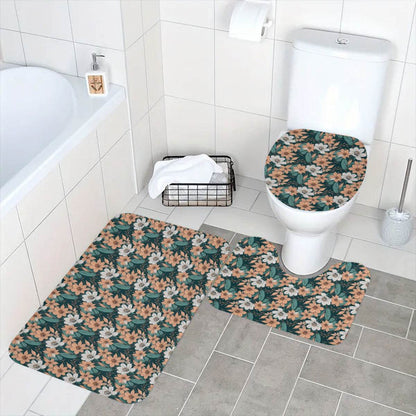 Pastel Floral Bathroom Four-Piece Set(Shower Curtain + Toilet Cover Mat + Toilet Foot Mat + Floor Mat)| Polyester - DeRose Seasonal