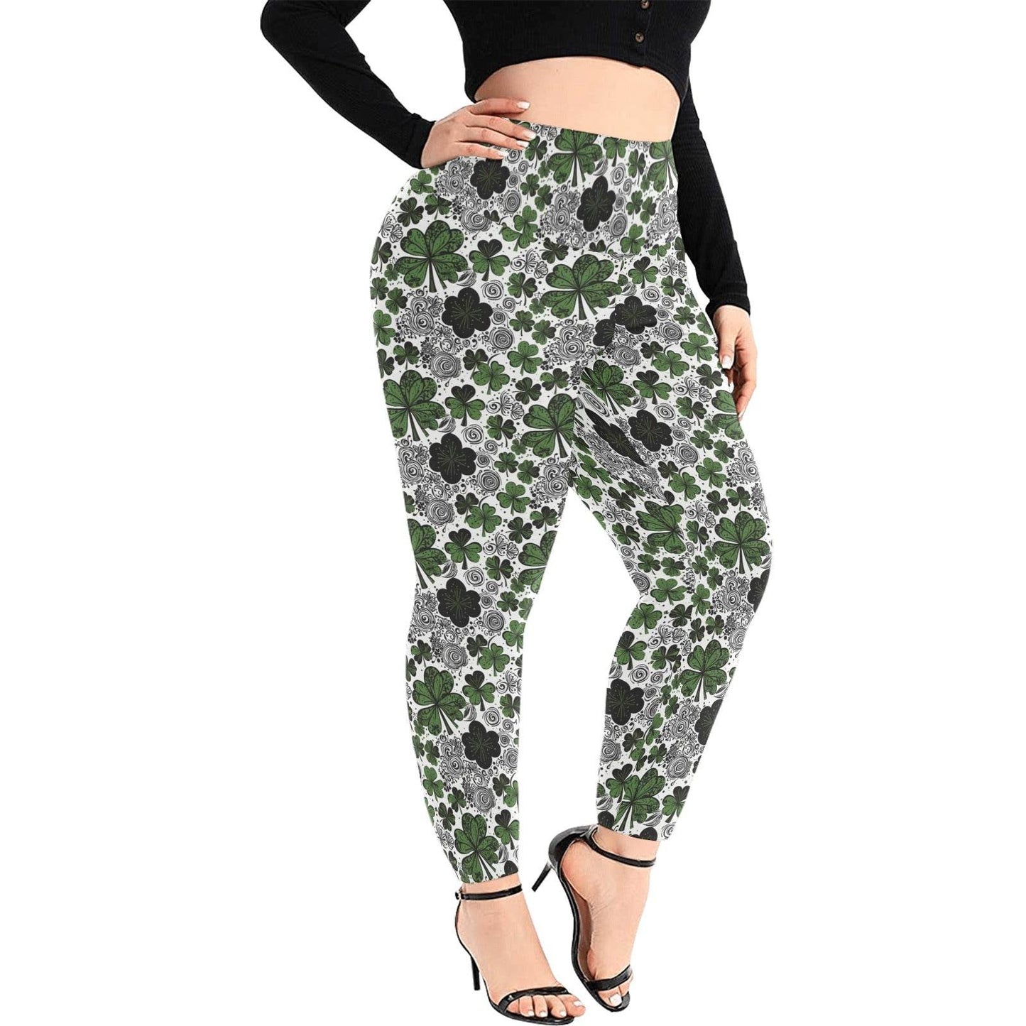 Scribbled Clovers Women's Plus Size High Waited Leggings Women's High Waist Leggings(Plus Size)(ModelL45) - DeRose Seasonal