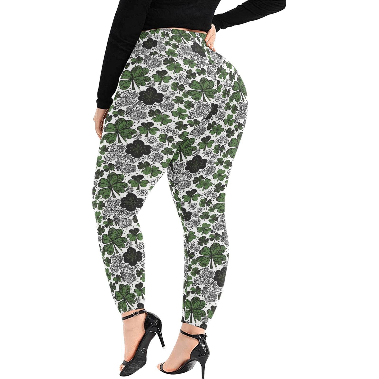 Scribbled Clovers Women's Plus Size High Waited Leggings Women's High Waist Leggings(Plus Size)(ModelL45) - DeRose Seasonal