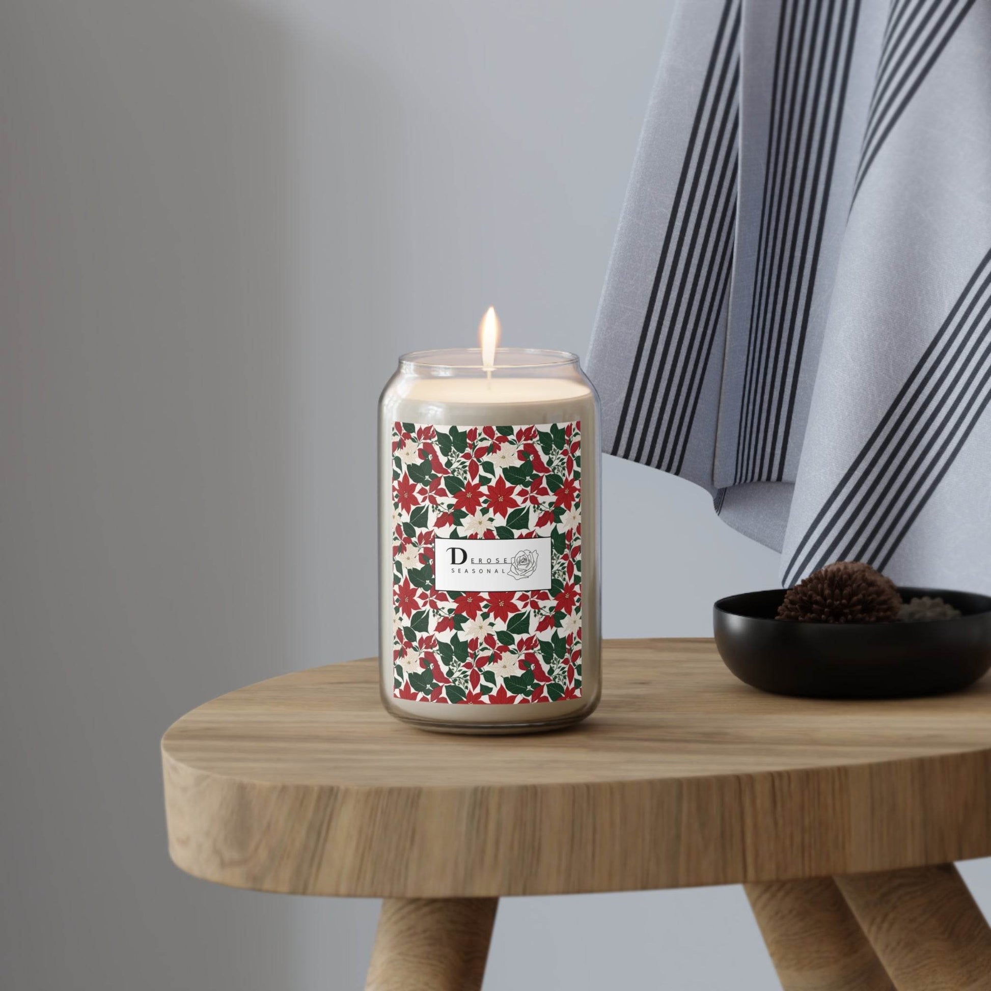 Seasonal Scented Candle with Red and White Poinsettia Flower Design - Perfect for Holidays - DeRose Seasonal