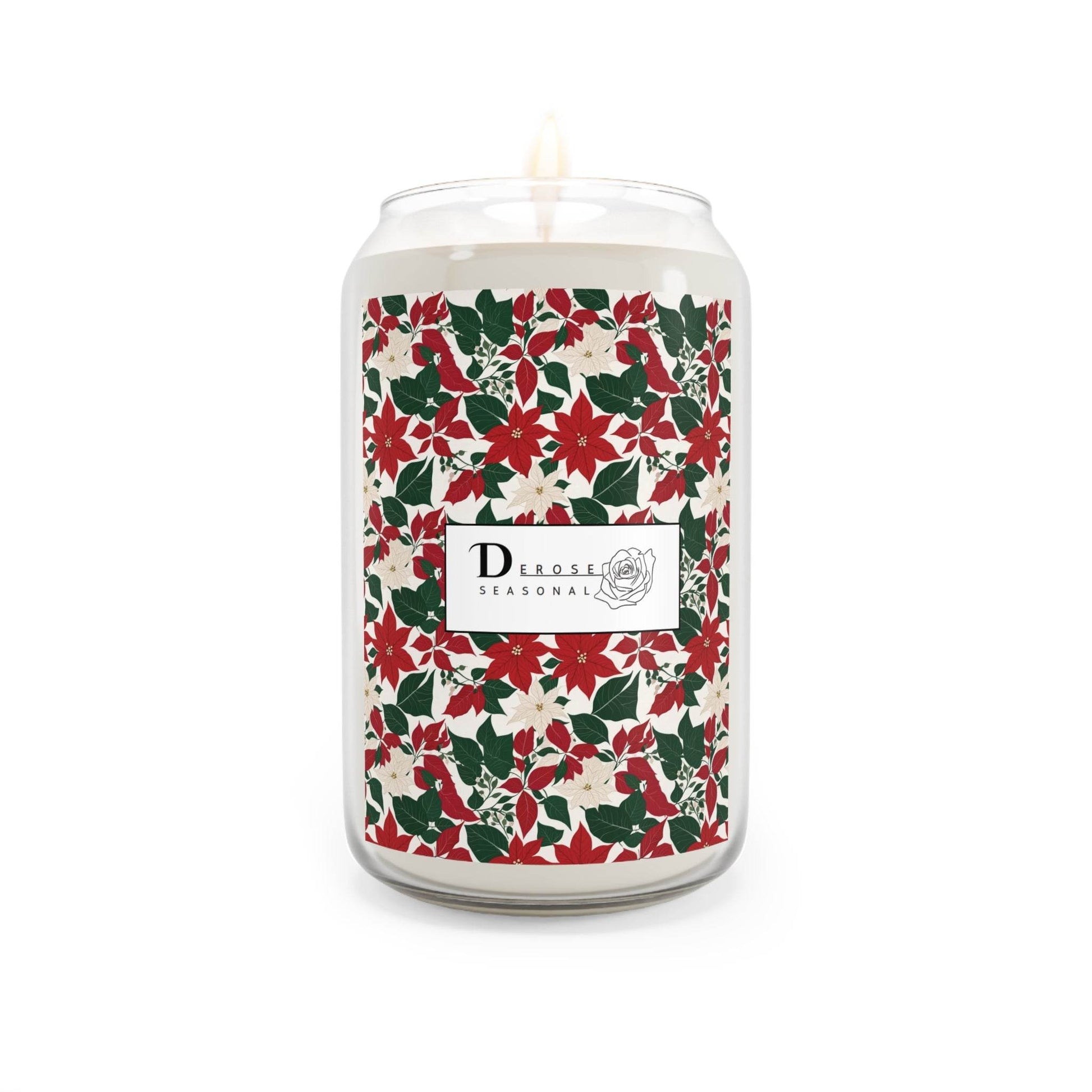 Seasonal Scented Candle with Red and White Poinsettia Flower Design - Perfect for Holidays - DeRose Seasonal
