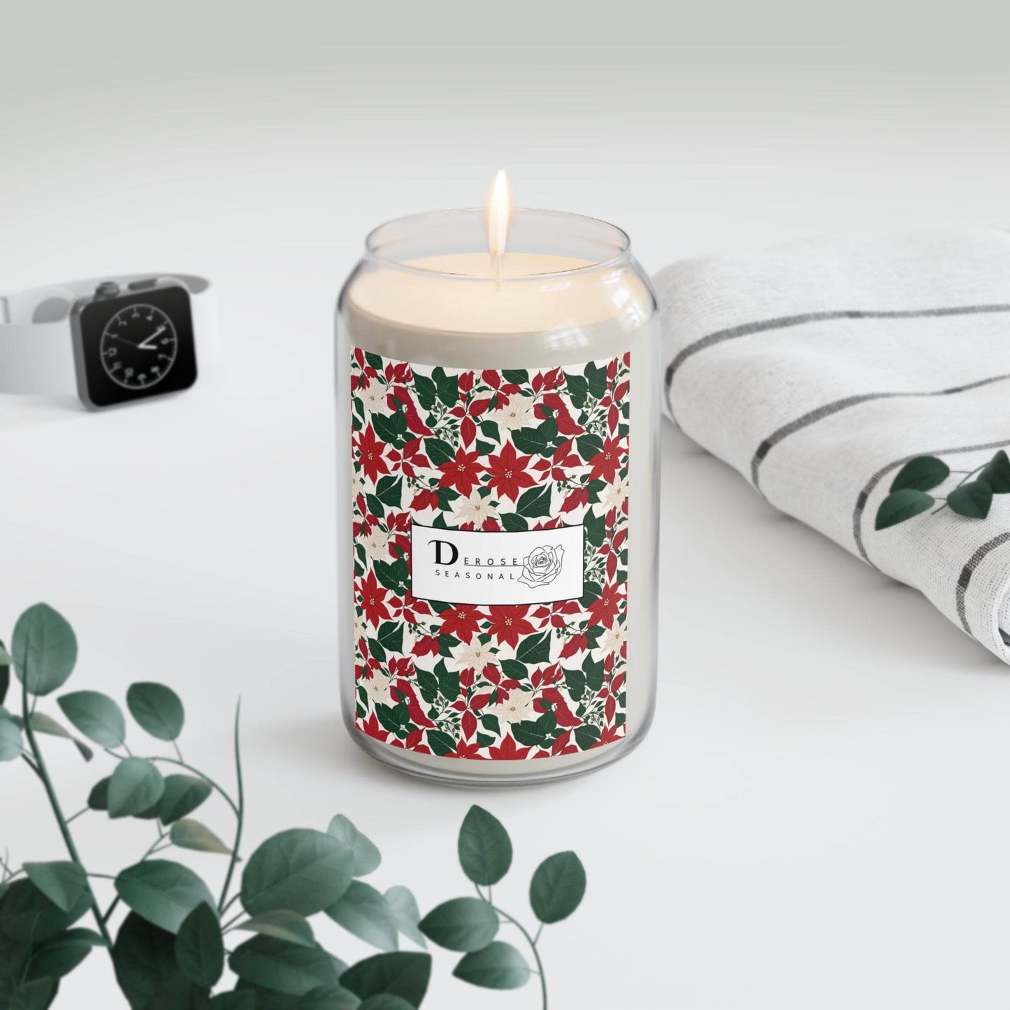 Seasonal Scented Candle with Red and White Poinsettia Flower Design - Perfect for Holidays - DeRose Seasonal