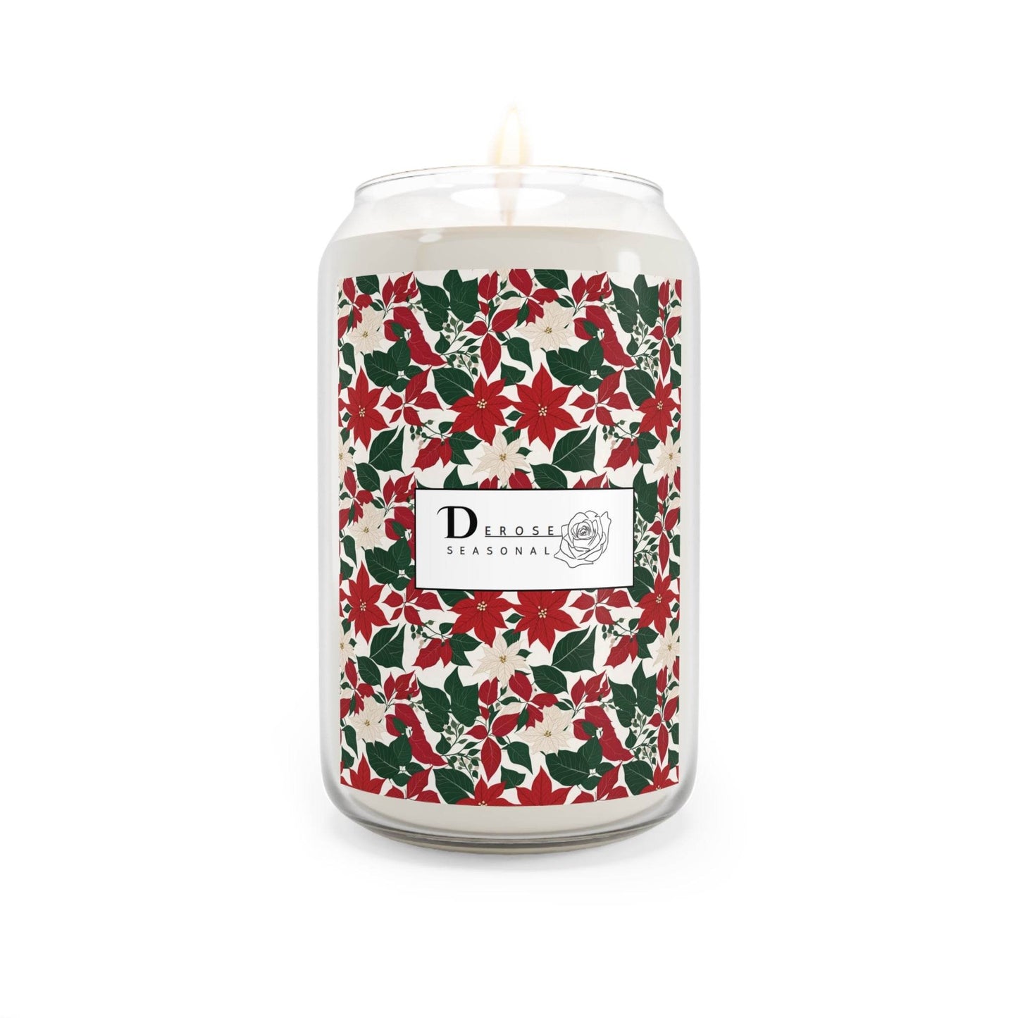 Seasonal Scented Candle with Red and White Poinsettia Flower Design - Perfect for Holidays - DeRose Seasonal
