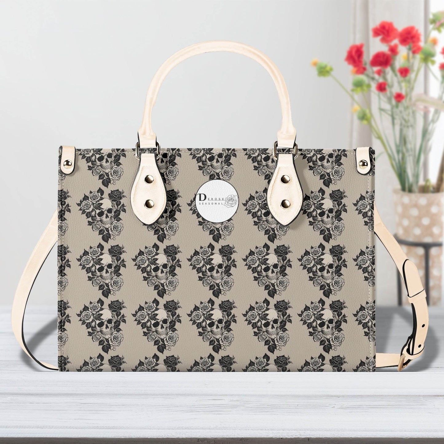 Sepia Skull and Rose Luxury Women's Leather Handbag - DeRose Seasonal