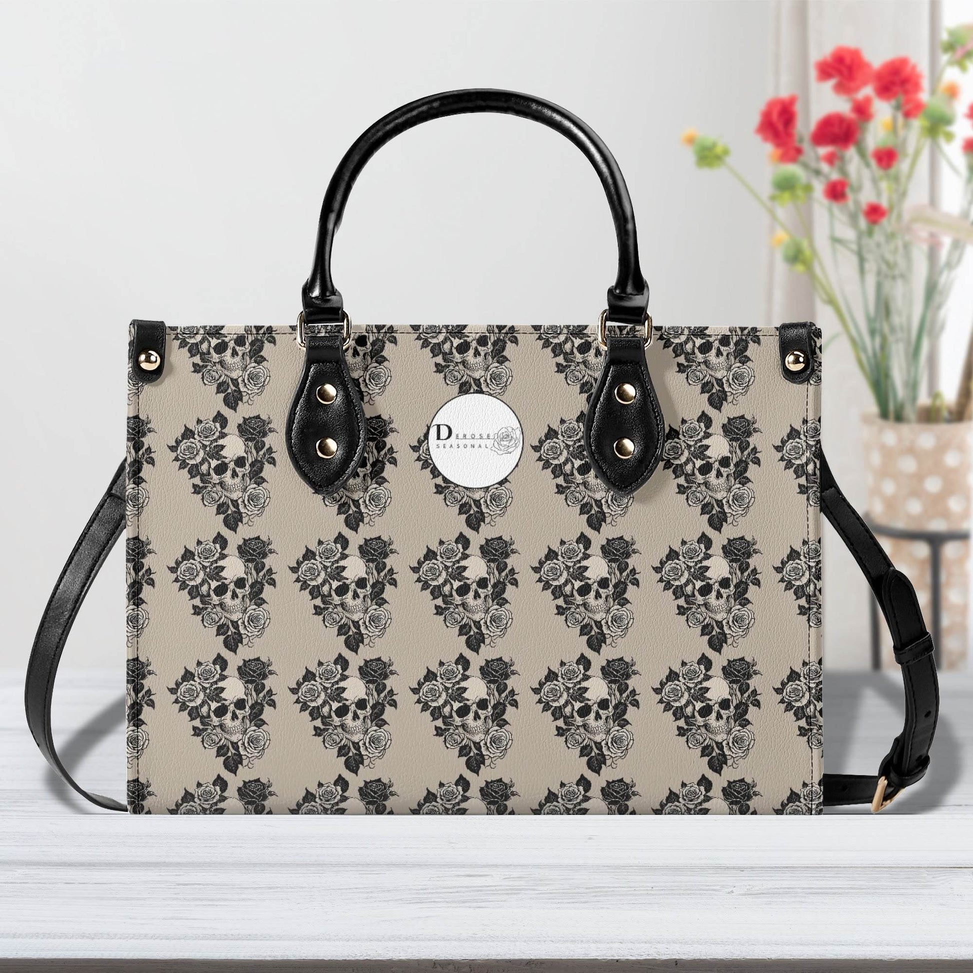 Sepia Skull and Rose Luxury Women's Leather Handbag - DeRose Seasonal