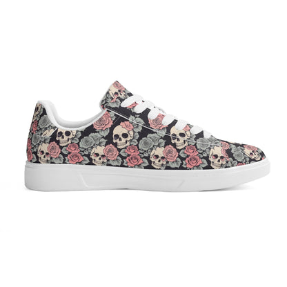 Skull and Pink Rose Adult Lightweight Brand Low Top Leather Shoes - DeRose Seasonal