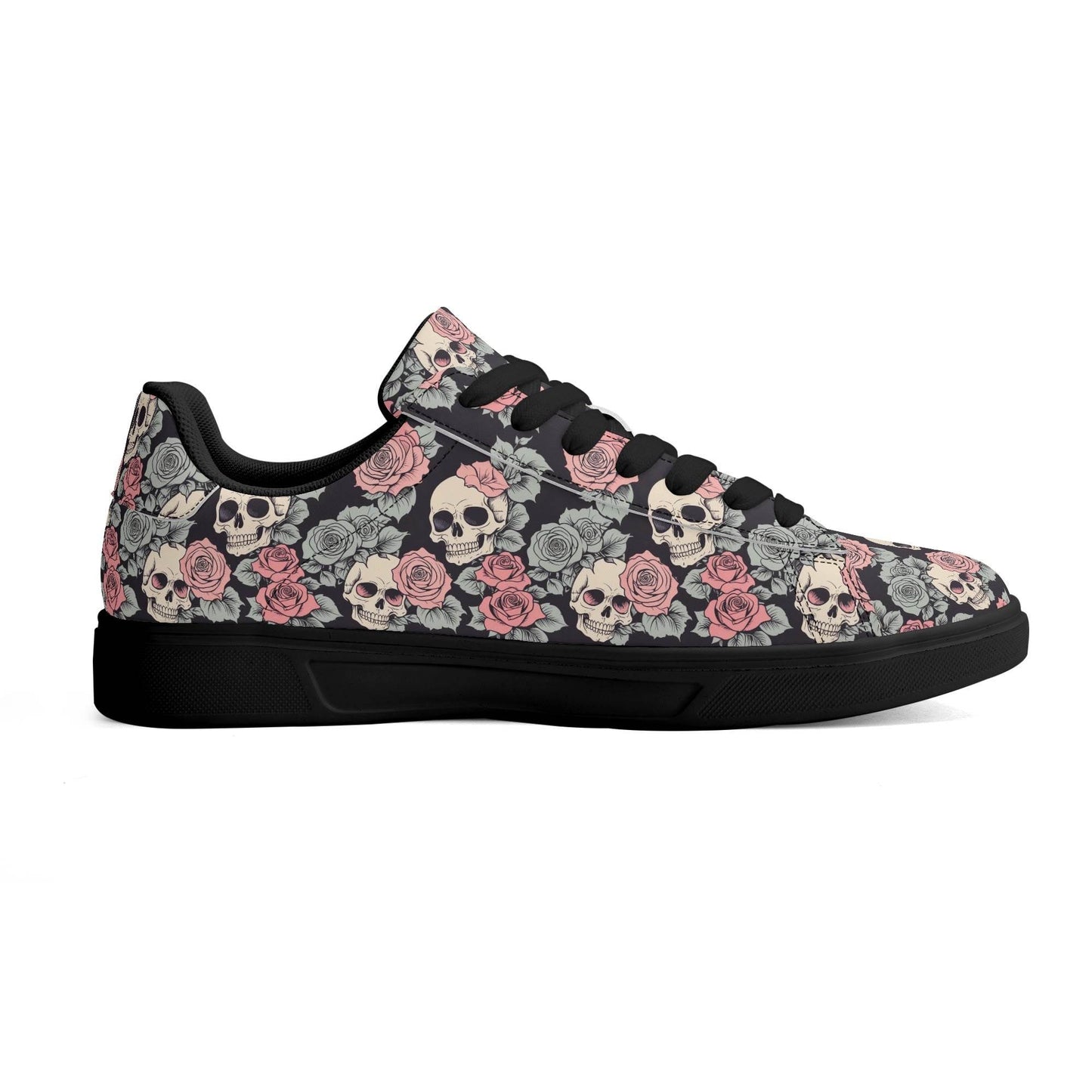 Skull and Pink Rose Adult Lightweight Brand Low Top Leather Shoes - DeRose Seasonal