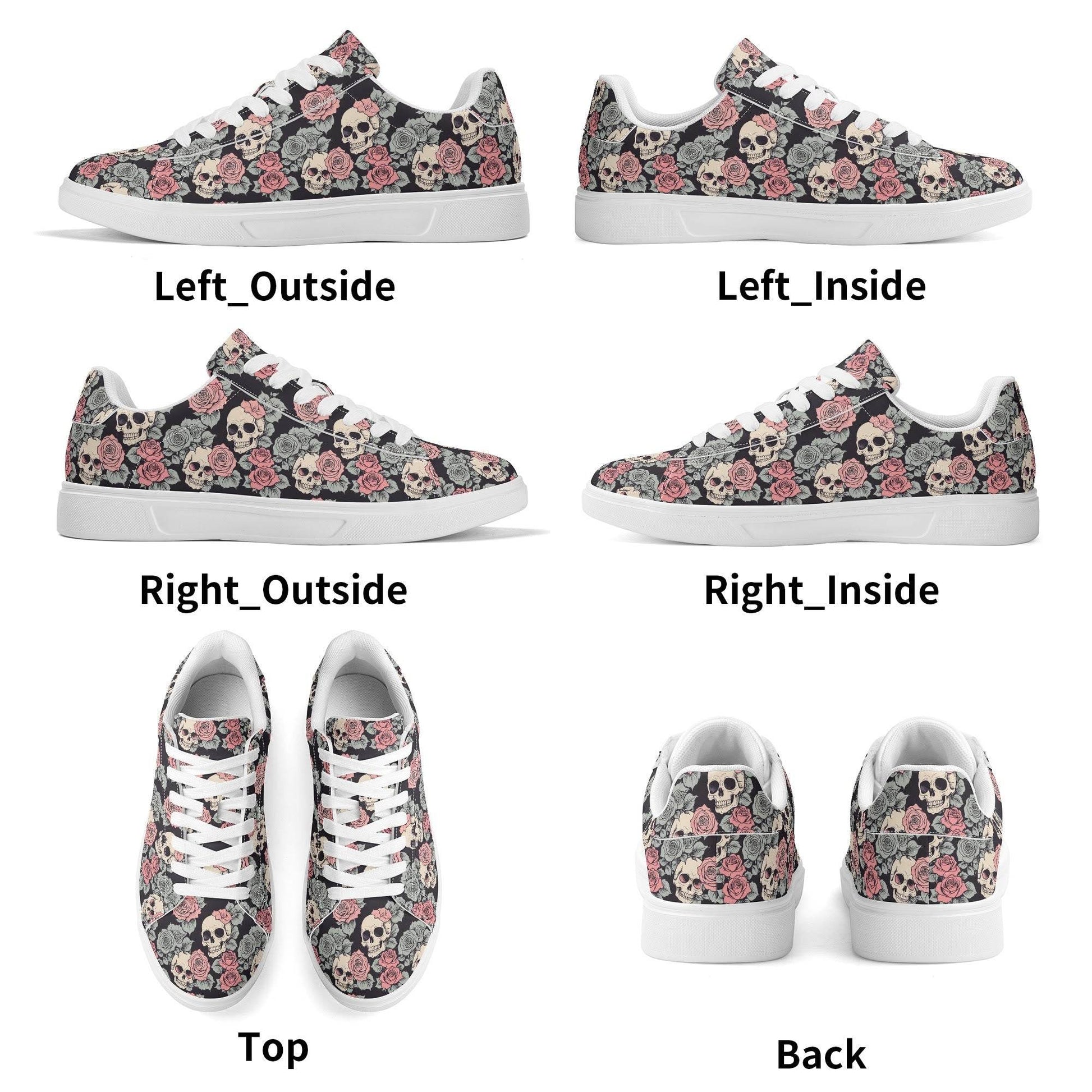 Skull and Pink Rose Adult Lightweight Brand Low Top Leather Shoes - DeRose Seasonal