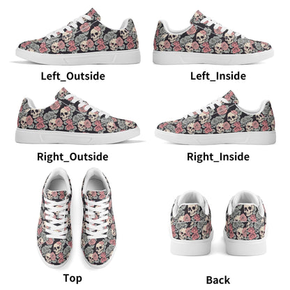 Skull and Pink Rose Adult Lightweight Brand Low Top Leather Shoes - DeRose Seasonal