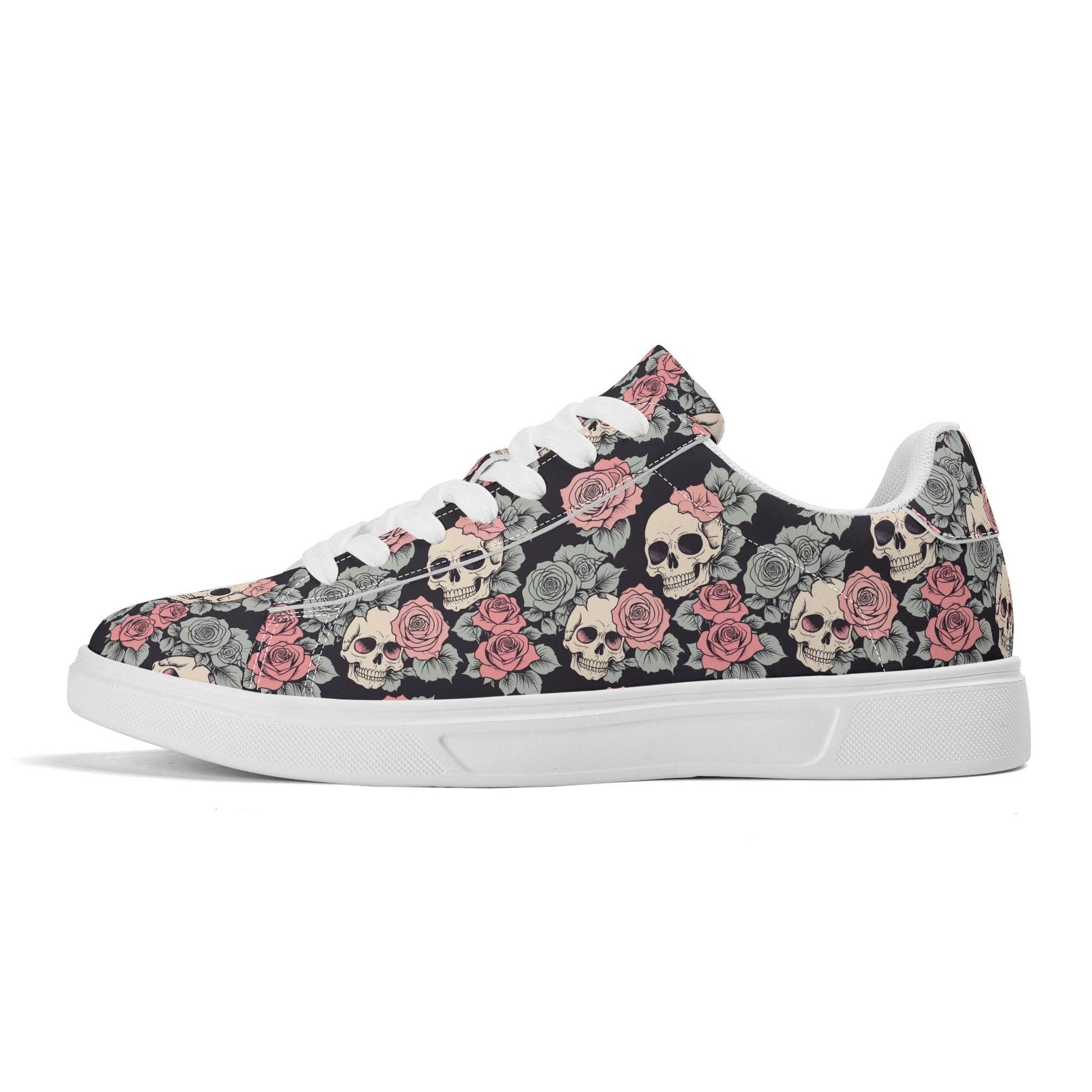 Skull and Pink Rose Adult Lightweight Brand Low Top Leather Shoes - DeRose Seasonal