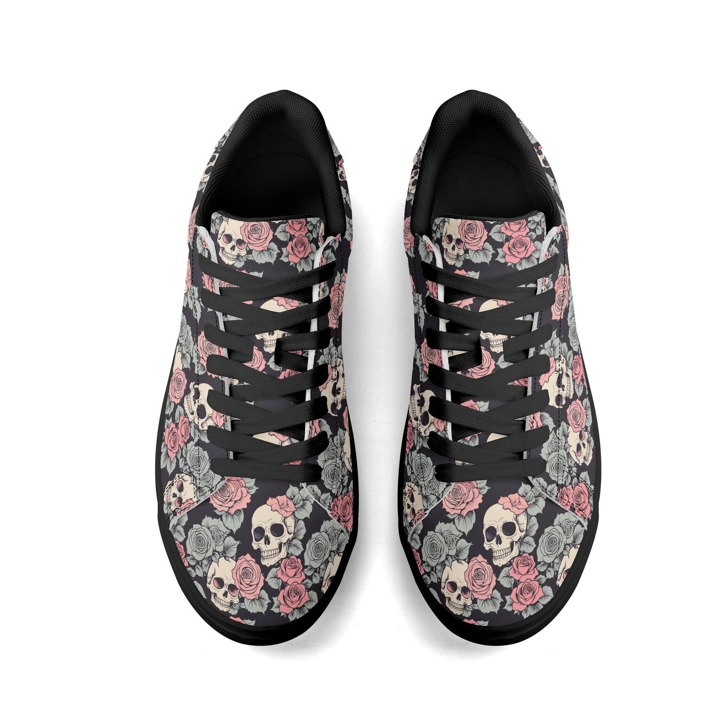 Skull and Pink Rose Adult Lightweight Brand Low Top Leather Shoes - DeRose Seasonal