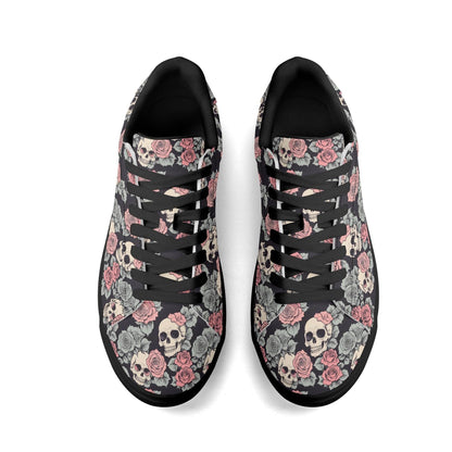 Skull and Pink Rose Adult Lightweight Brand Low Top Leather Shoes - DeRose Seasonal