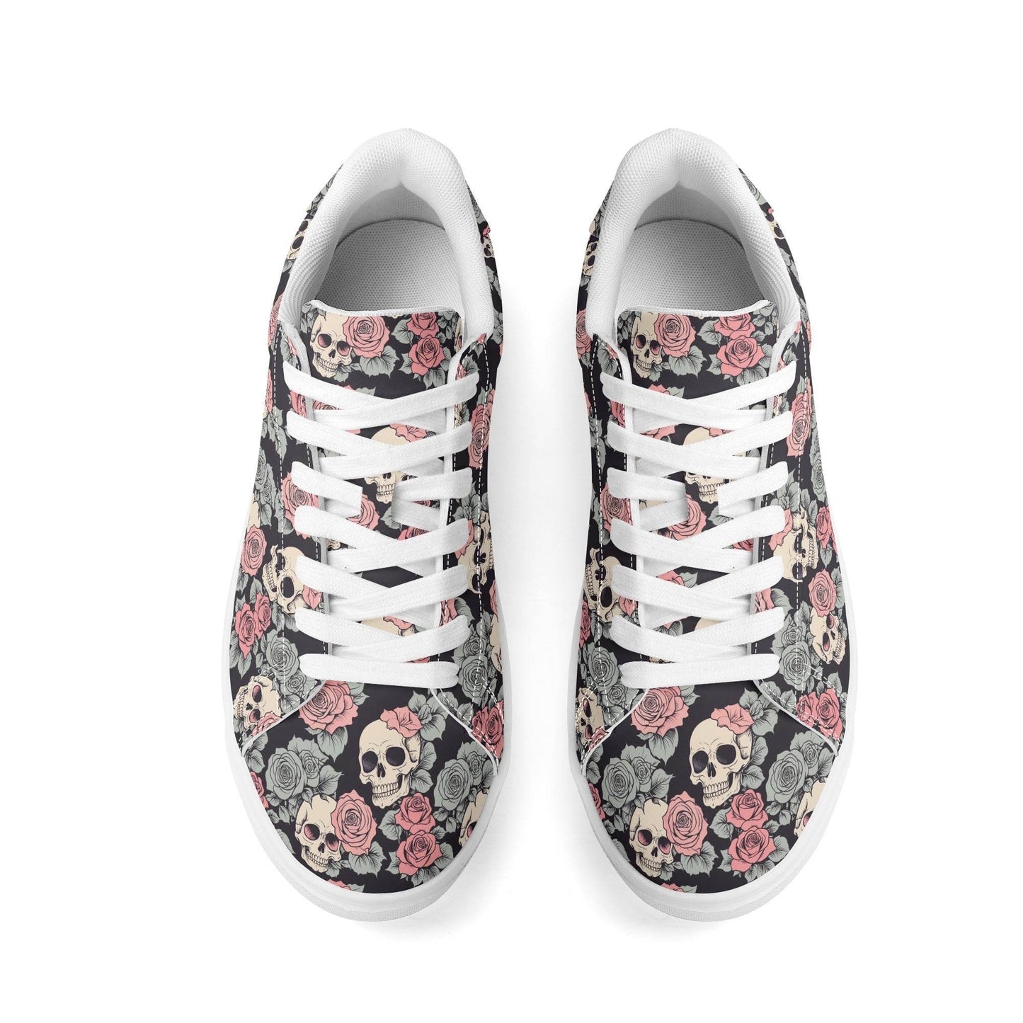 Skull and Pink Rose Adult Lightweight Brand Low Top Leather Shoes - DeRose Seasonal
